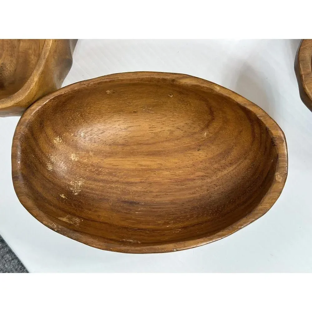 Vintage Wavy Oval Real Teak Wood Salad‎ Bowl Set Gorgeous Wood Grain 9 Niece